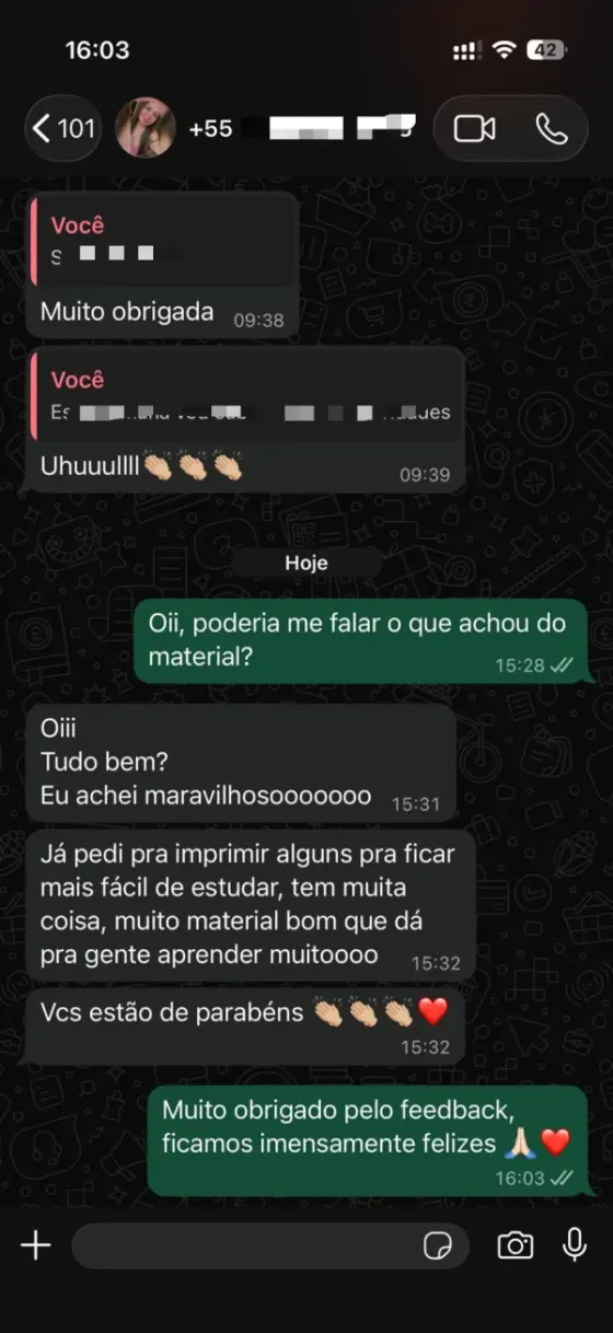 Print de conversa no WhatsApp com feedback de aluno do kit