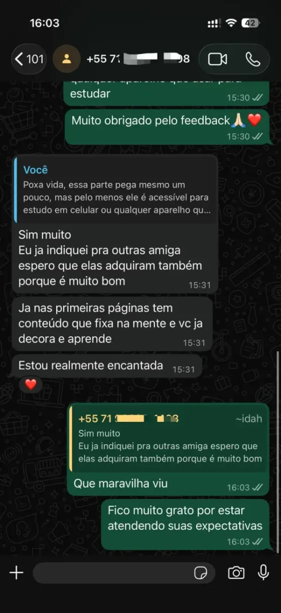Print de conversa no WhatsApp com feedback de aluno do kit